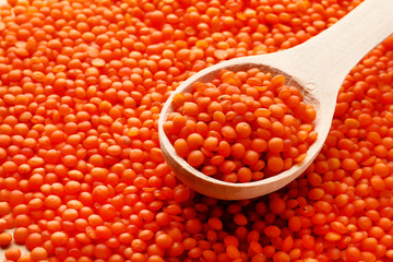 Orange lentils in a wooden spoon on a background of lentils