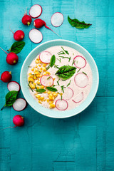 sommer suppe mit mais und radieschen