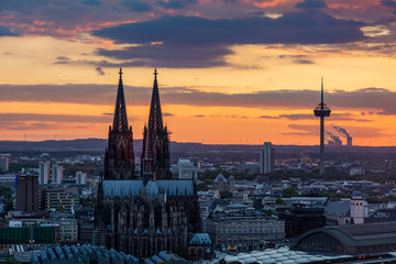 Aerial view during sunset of the cityscape of Cologne