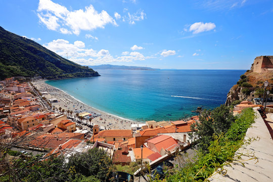 Panorama with beautiful beaches and old castle of medieval town of Scilla in Calabria, Italy. Italian summer travel holiday.
