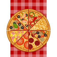 Pizza on a red checkered tablecloth on white background. Pizza menu. Object for packaging, advertisements, menu. Vector illustration. Realistic.