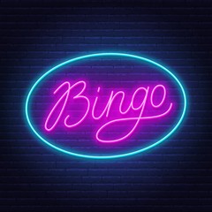 Bingo neon sign on brick wall background. Vector illustration.
