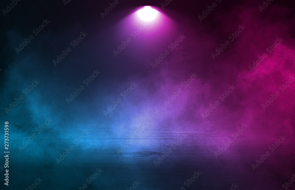 Poster empty background scene. dark street reflection on wet asphalt. rays of neon light in the dark, neon 