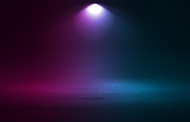 Empty background scene. Dark street reflection on wet asphalt. Rays of neon light in the dark, neon figures, smoke. Background of empty stage show. Abstract dark background.