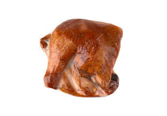 Smoked chicken legs in vacuum-packed. Two chicken legs close up on a white background.
