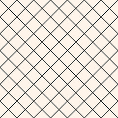 Square grid vector seamless pattern. Abstract geometric monochrome texture with thin diagonal cross lines, rhombuses, mesh, lattice, grill. Simple subtle checkered background. Modern repeat design