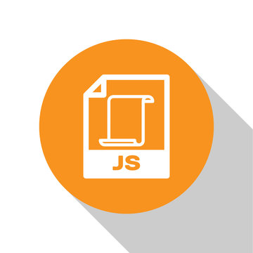 White JS file document icon. Download js button icon isolated on white background. JS file symbol. Orange circle button. Vector Illustration