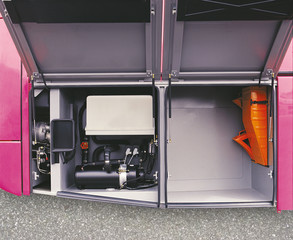 Rear luggage compartment, technical equipment and luggage compartment for intercity buses.