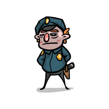 Cute policeman in uniform and cap, looking to strange person