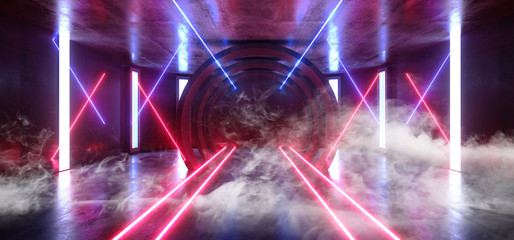 Smoke Futuristic Neon Lights Sci Fi Glowing Red Blue Virtual Vibrant Underground Garage Tunnel Corridor Grunge Concrete Reflection Dark Empty Circle Shapes 3D Rendering