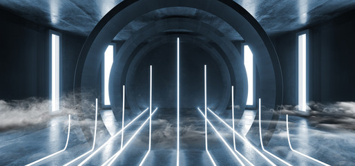 Smoke Futuristic Neon Lights Sci Fi Glowing Blue Virtual Vibrant Underground Garage Tunnel Corridor Grunge Concrete Reflection Dark Empty Circle Shapes 3D Rendering