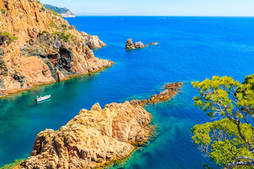 White boat in beautiful sea cove of Cala Marquesa with green pine trees on high rock cliffs, Costa Brava, Spain