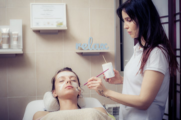 Obraz na płótnie Canvas Cosmetician applying facial mask at young woman in spa salon