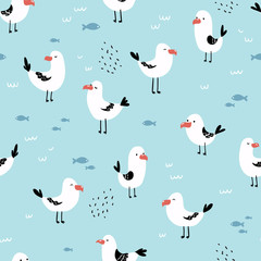Seamless pattern with cute seagulls. Perfect for fabric, baby clothes, textile. Marine vector background.