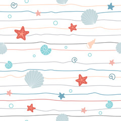 Baby seamless pattern with sea stars and shells, on white. Nursery vector background. Perfect for fabric, nursery textile.