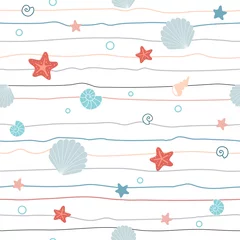 Photo sur Plexiglas Vagues de la mer Modèle sans couture de bébé avec des étoiles de mer et des coquillages, sur blanc. Fond de vecteur de pépinière. Parfait pour le tissu, le textile de pépinière.