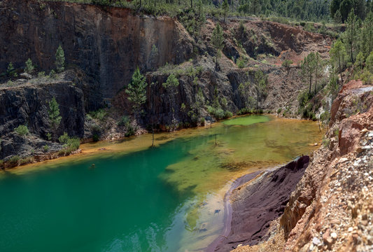 Landscape view of green water river in valley of Riotinto, Huelva in Spain