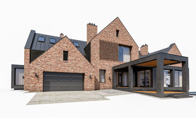 3d rendering of modern cozy clinker house on the ponds with garage and pool for sale or rent. Isolated on white