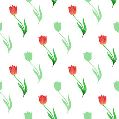 Simple seamless pattern of tulips and flower silhouettes  isolated on a white background.