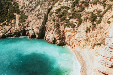 European summer shore landscape. High cliff with the ocean at the bottom.