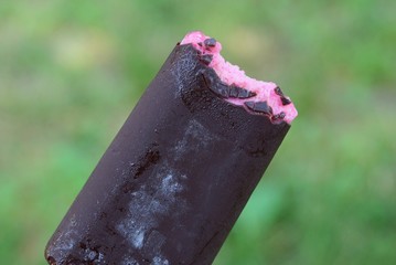  cold pink ice cream in brown chocolate on the street on a green background