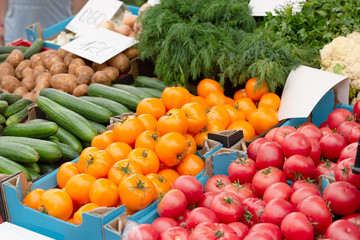 Fresh organic and vegetables at farmers market in city