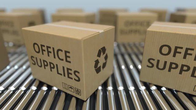Carton boxes with OFFICE SUPPLIES text move on roller conveyor. Realistic loopable 3D animation