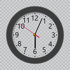 Realistic black wall clock with transparent screen. Vector