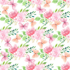 Flowers and colorful butterflies seamless pattern