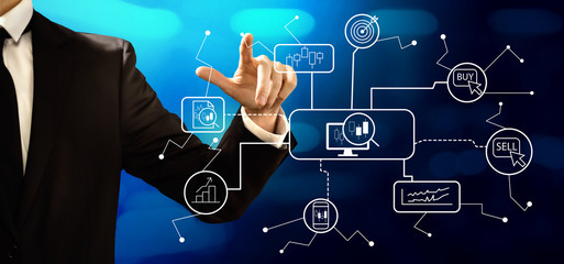 Stock trading theme with businessman on a dark blue background