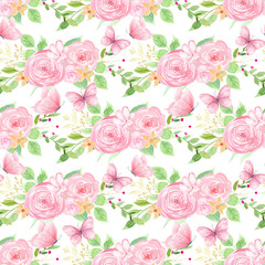 Pink flowers and butterflies seamless pattern