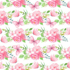 Blossom with flying insects seamless pattern