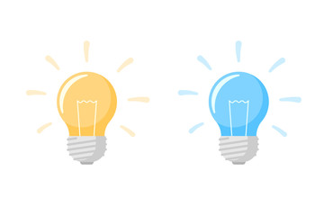 Yellow and blue light bulb lamp flat icon with bright rays shine set. Energy innovation and creative idea symbol isolated on white background. Vector Illustration