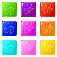 Desktop with computer icons set 9 color collection isolated on white for any design