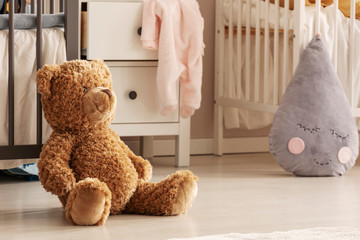Closeup of teddy bear sitting on the floor of chic baby bedroom for twins