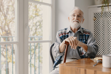 Positive senior grandfather with grey hair and beard sitting at home