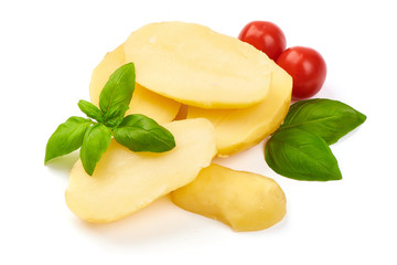 Boiled potato pieces, close-up, isolated on white background