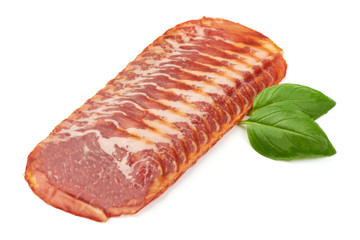 Prosciutto meat slices, Italian ham, close-up, isolated on white background