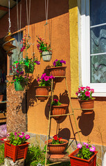 Pots with bright colors on the background of the wall of the house on a summer sunny day.