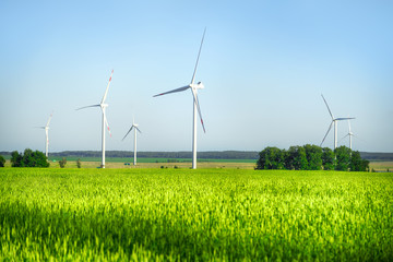 Wind power plant in the bright green field