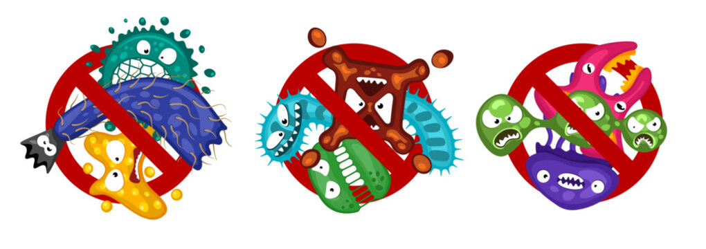 Stop spread virus symbol set. Cartoon germ characters isolated vector illustration on white background. Cute fly bacteria infection character. Pathogen viruses and diseases protection