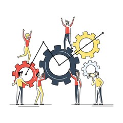 Flat geometric linear illustration. Concept of teamwork building working system of cogwheels