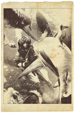 sharks - engraved vintage illustration, fighting diver with shotgun, underwater adventure
