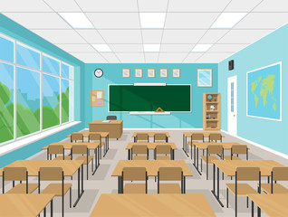 Empty school classroom interior with chalkboard, teacher's table, desks and chairs, school supplies. Education concept in flat style. Vector illustration - obrazy, fototapety, plakaty