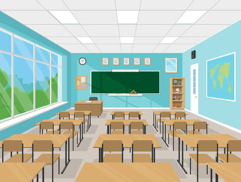 Empty school classroom interior with chalkboard, teacher's table, desks and chairs, school supplies. Education concept in flat style. Vector illustration