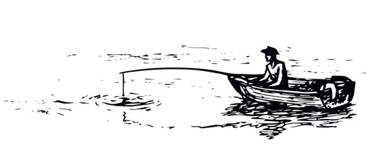 The man in the boat is fishing. Vector drawing
