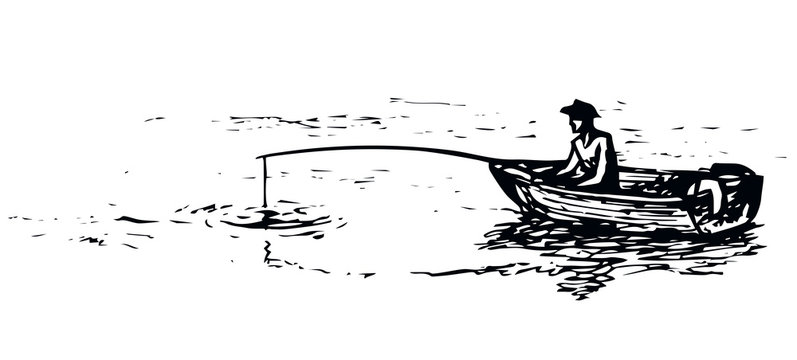 The man in the boat is fishing. Vector drawing