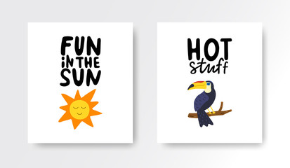 Summer cards set. Colorful posters with hand lettering. Summer vacation banners with hand drawn sun, toucan. Vector illustration