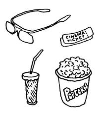 Film industry linear line mascara Cinema industry linear line mascara popcorn 3D glasses drink with tube