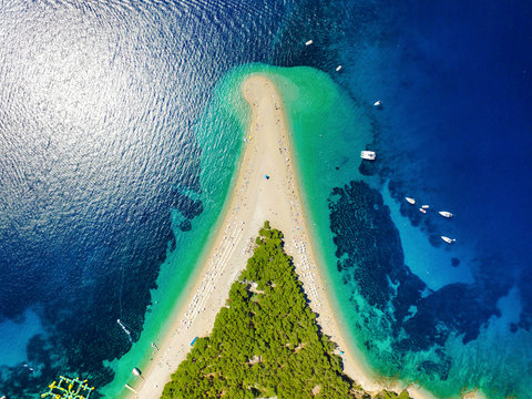 Aerial view of Zlatni rat beach in Bol, Island Brac, Croatia
